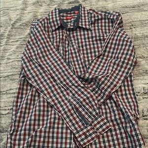 Izod Men's Casual Button Down Shirt - Red and Blue Plaid